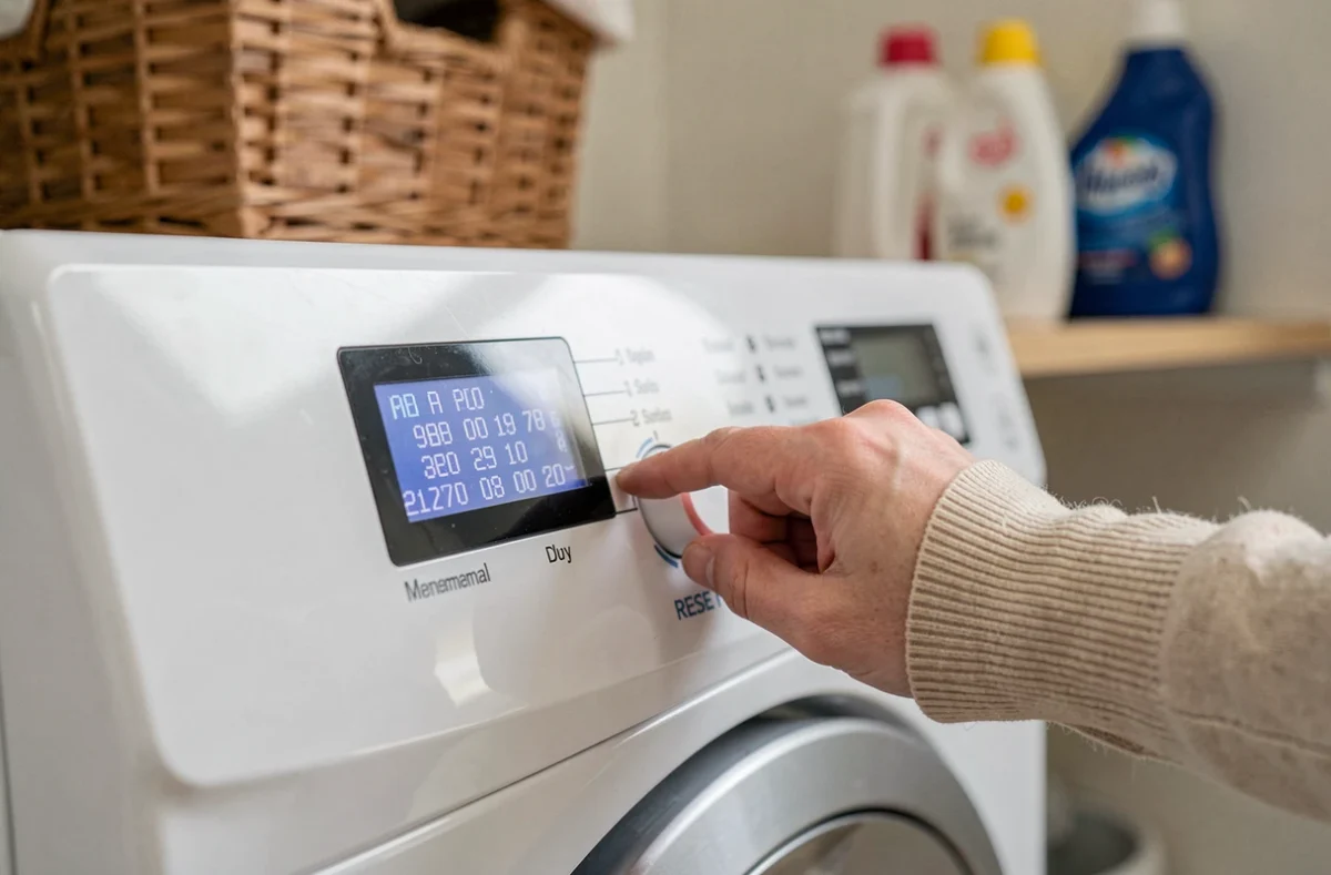 Gros plan sur le panneau de commande d'un lave-linge affichant un code erreur U01 avec une main appuyant sur le bouton de réinitialisation