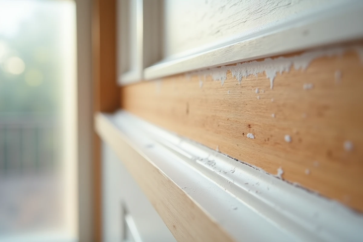 Gros plan sur une boiserie en cours de rénovation montrant les couches de vernis ancien et de peinture blanche appliquée par-dessus