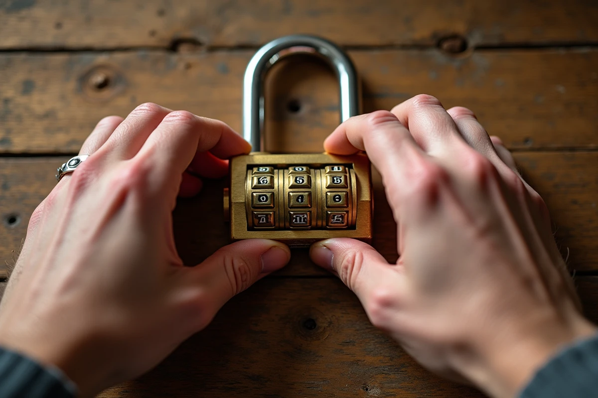 Gros plan de mains réglant les chiffres d'un cadenas à combinaison posé sur une table en bois