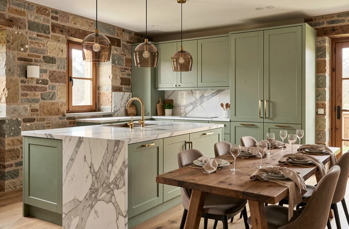 Cuisine et salle à manger design réalisées par Habitat Séduction en Haute-Savoie, avec îlot en marbre et cabinetry vert sauge