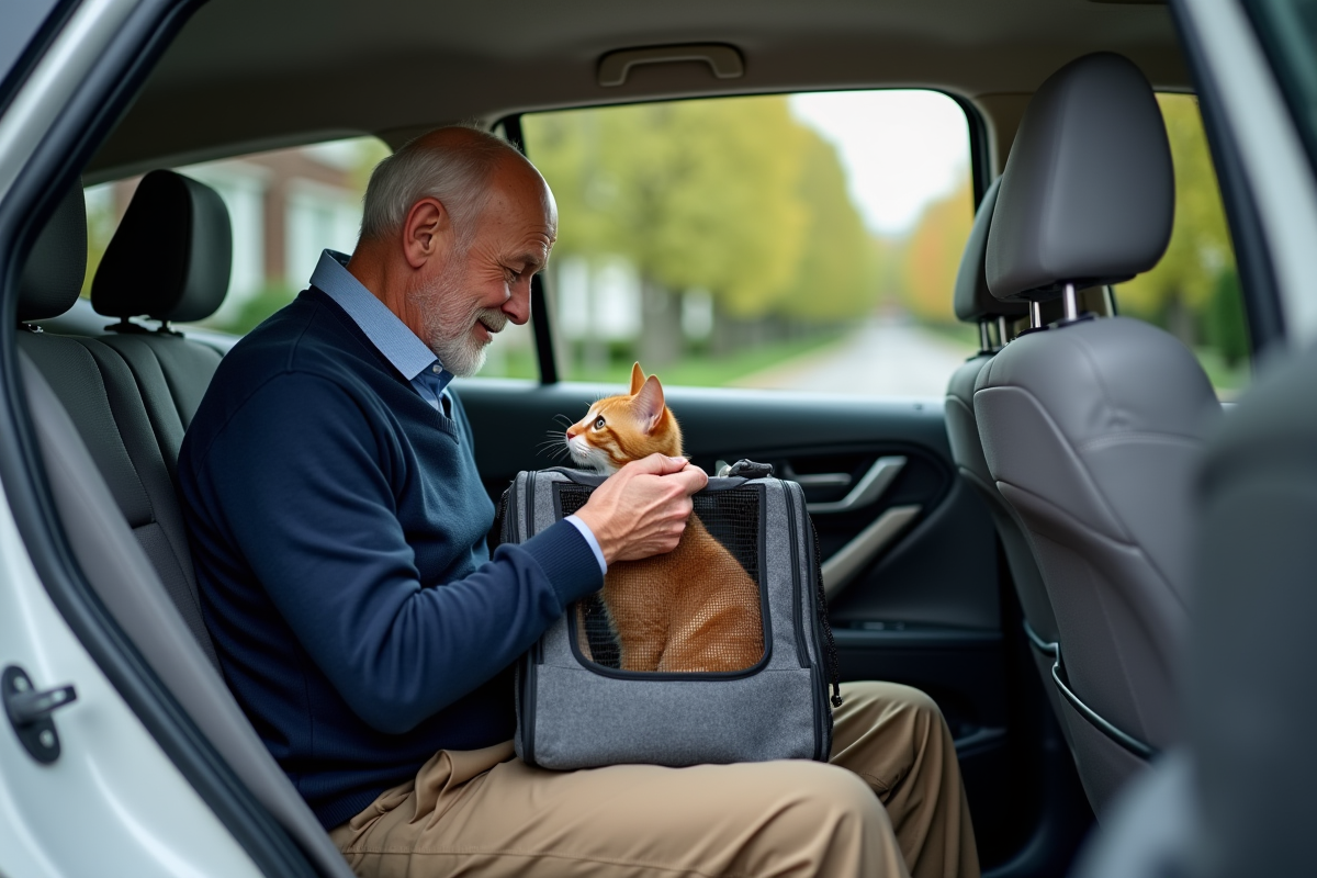 Homme âgé rassurant son chat dans une voiture
