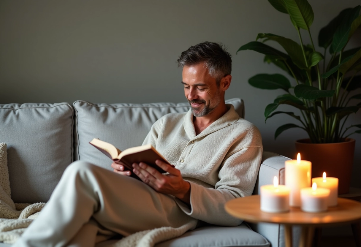 Homme lisant avec bougies bio sur la table dans un salon cosy