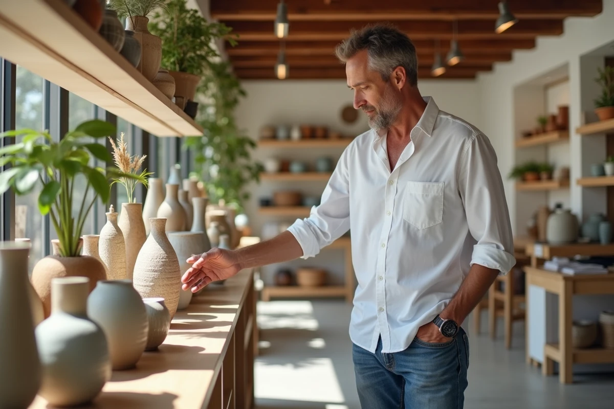 Homme regardant des vases en céramique dans un magasin