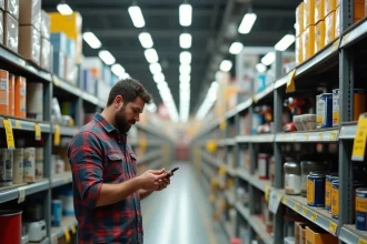 Un homme compare les prix dans un rayon bricolage en scrutant une étiquette de faux discount sur des perceuses