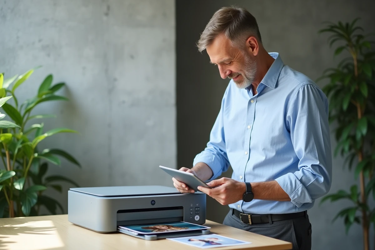 Homme ajustant les réglages d une imprimante photo dans un studio moderne