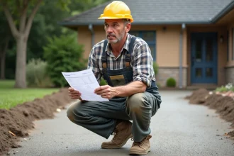 Homme en overalls avec facture sur béton désactivé
