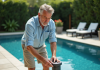 Puissance éclairage piscine : quelle intensité choisir pour un éclairage optimal ? Homme d'âge moyen ajustant un panneau de contrôle piscine extérieure