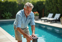 Puissance éclairage piscine : quelle intensité choisir pour un éclairage optimal ? Homme d'âge moyen ajustant un panneau de contrôle piscine extérieure