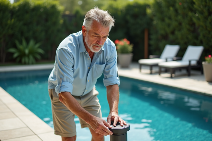 homme-controle-piscine-exterieur Homme d'âge moyen ajustant un panneau de contrôle piscine extérieure