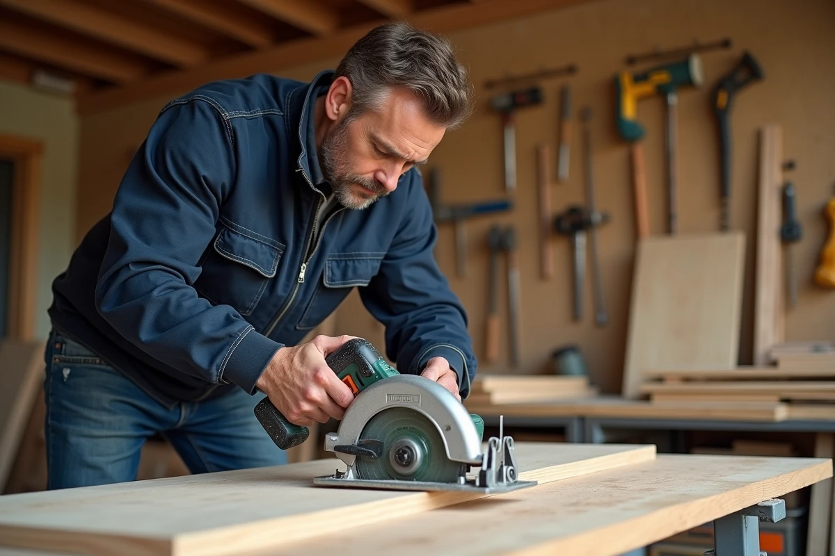 Homme en atelier guidant une scie circulaire compacte