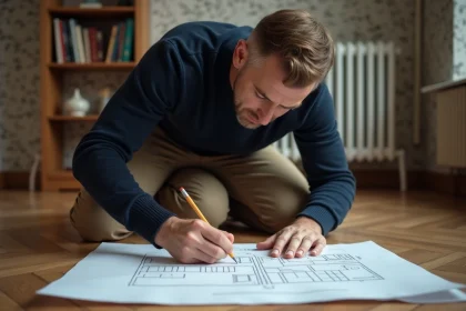 Homme en intérieur dessinant un plan sur du papier graphé