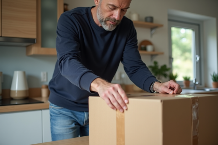 Homme moyenâge en train de sceller une boîte dans une cuisine