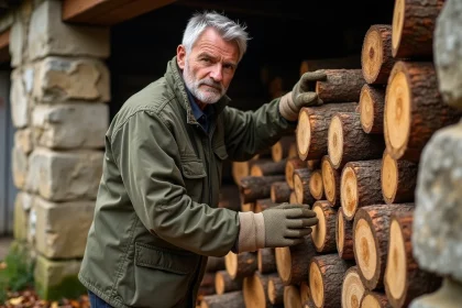 Homme empilant des stères de bois de chauffage en chêne contre un mur en pierre à la campagne en automne