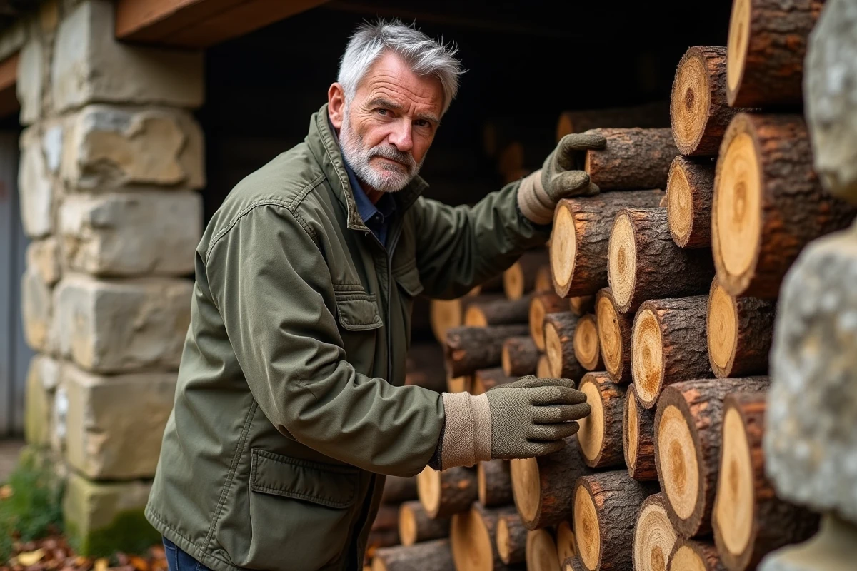 Homme empilant des stères de bois de chauffage en chêne contre un mur en pierre à la campagne en automne
