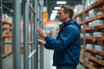 Homme d'âge moyen examine un échafaudage en magasin