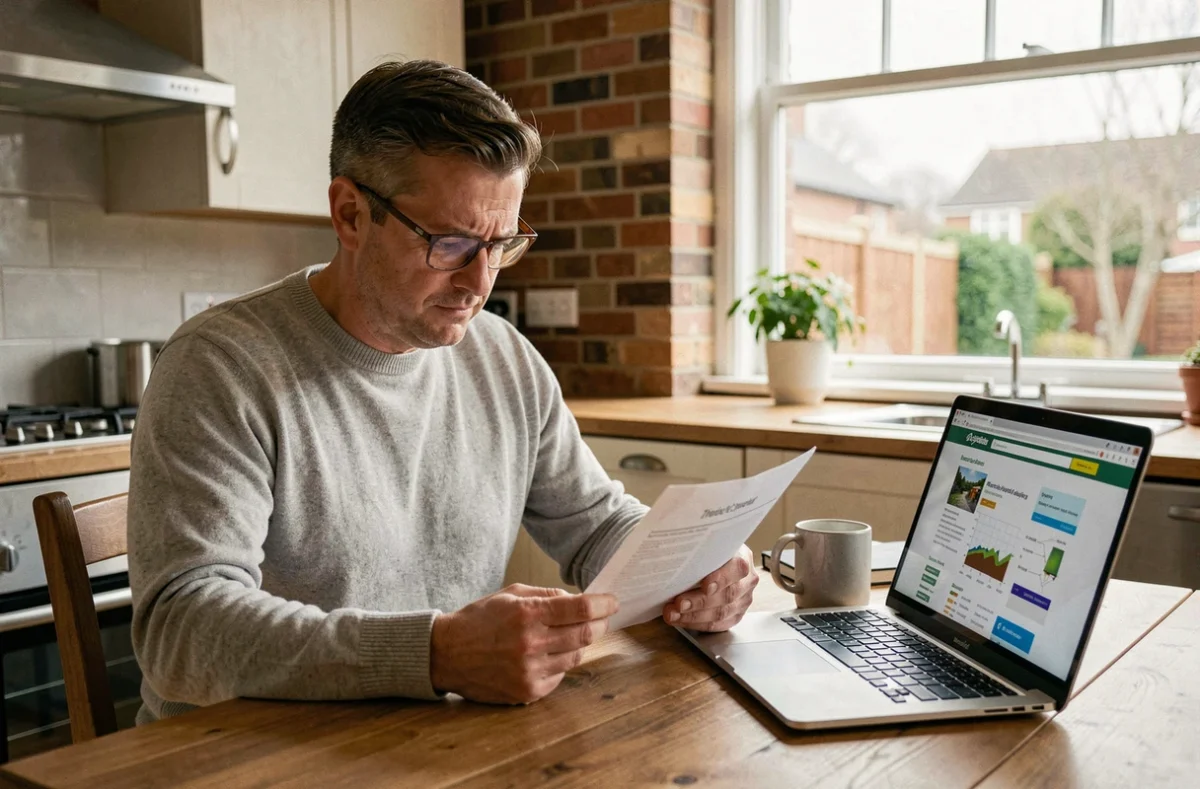 Homme en pull gris qui examine un rapport d'audit thermique imprimé avec un ordinateur portable ouvert sur un site de diagnostic énergétique