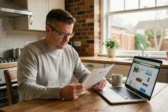 Homme en pull gris qui examine un rapport d'audit thermique imprimé avec un ordinateur portable ouvert sur un site de diagnostic énergétique