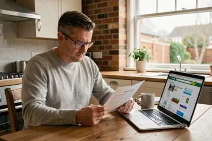 Homme en pull gris qui examine un rapport d'audit thermique imprimé avec un ordinateur portable ouvert sur un site de diagnostic énergétique