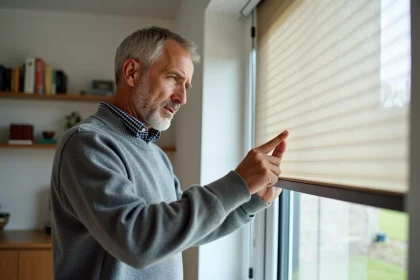 Homme d'âge moyen vérifiant un volet roulant intérieur