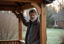 Gazebo : laisser en place toute l’année, une bonne idée ? Homme d'âge moyen inspectant un gazebo en bois dans son jardin automnal