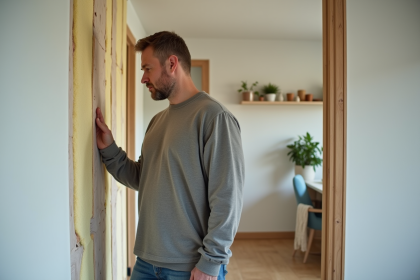 Homme moyenâgeux touchant l'isolation murale dans un salon moderne