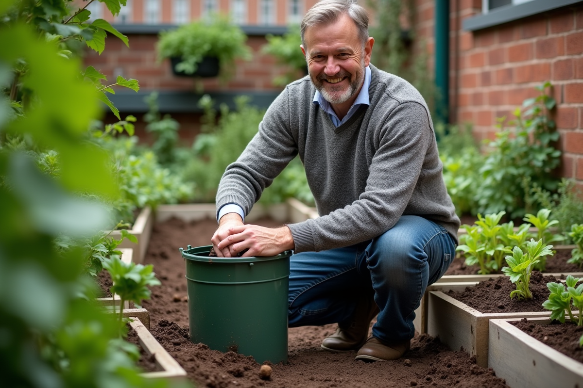 Homme jardinant et manipulant le compost dans un jardin urbain