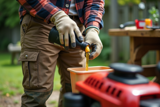 Homme en vêtements de jardinage verse de l'huile dans un mélangeur