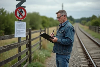 Homme lisant un panneau de train à la campagne