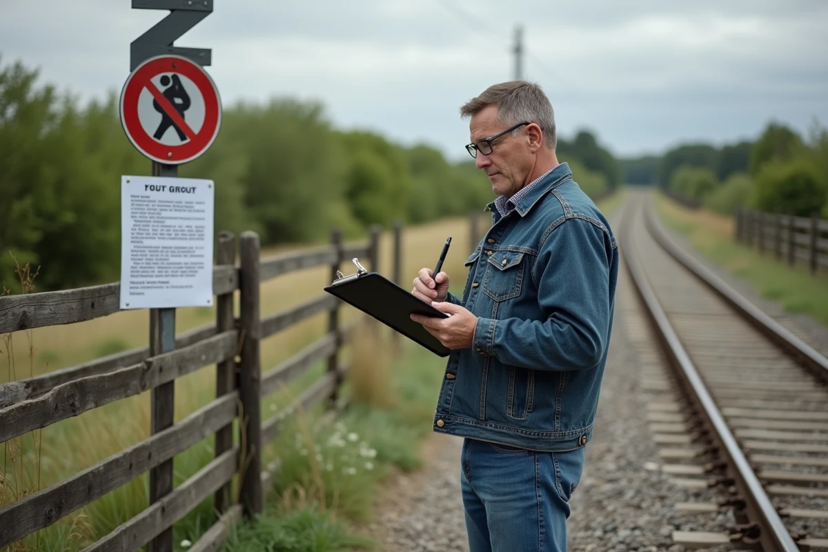 Homme lisant un panneau de train à la campagne