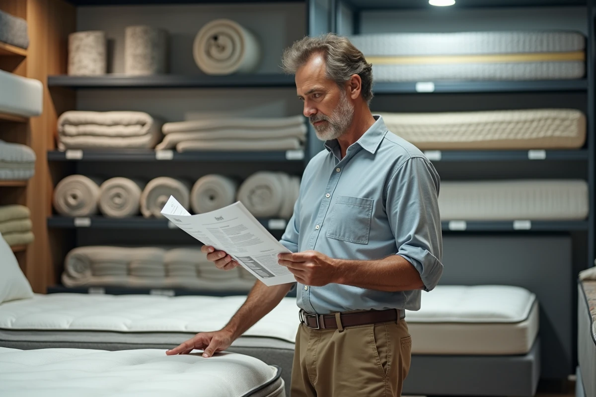 Homme en chemise compare des fiches produits dans un magasin de matelas
