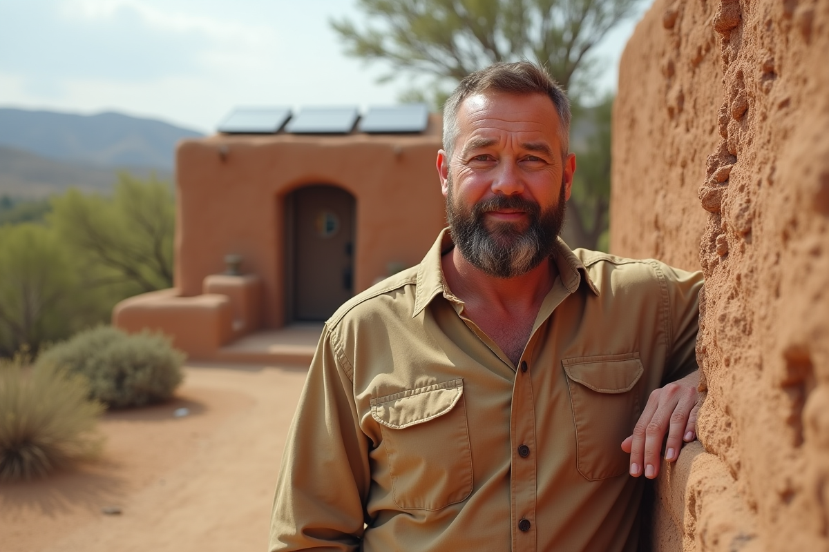 Homme avec maison en adobe dans un paysage semi-aride