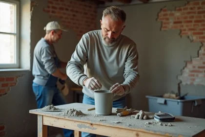 Homme mesurant du mortier avec une balance digitale