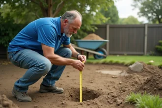 Homme mesurant l'emplacement d'une piscine dans un jardin