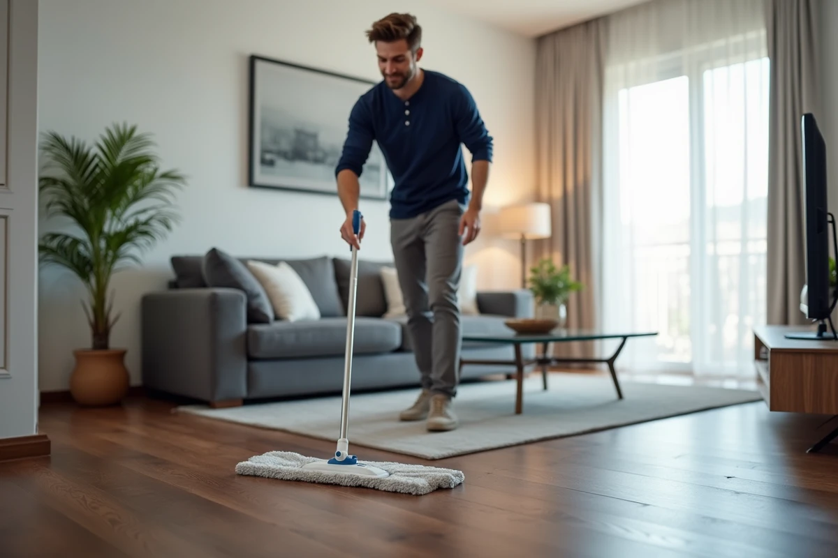 Homme utilisant un balai spray sur un parquet stratifié foncé dans un salon contemporain
