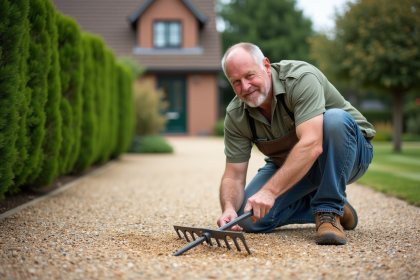 Homme d'âge moyen levelant une allée en gravier