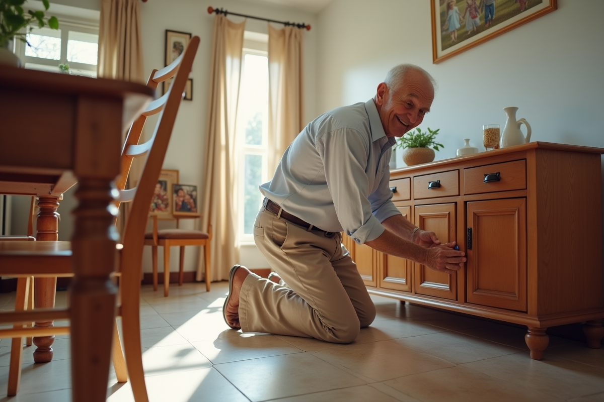 Homme âgé posant des patins antidérapants sous un meuble