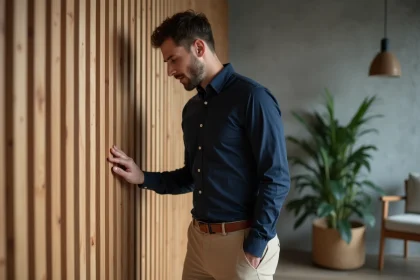 Jeune homme professionnel inspectant un panneau en bois dans un salon moderne