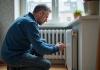 Peut-on purger un radiateur en fonctionnement pour améliorer la performance énergétique ? Homme d'âge moyen manipulant un radiateur blanc dans un salon cosy