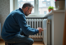 Peut-on purger un radiateur en fonctionnement pour améliorer la performance énergétique ? Homme d'âge moyen manipulant un radiateur blanc dans un salon cosy