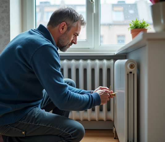 Peut-on purger un radiateur en fonctionnement pour améliorer la performance énergétique ? Homme d'âge moyen manipulant un radiateur blanc dans un salon cosy
