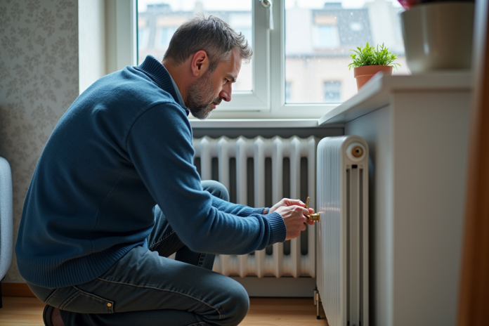 homme-radiateur-chaine-manoeuvre Homme d'âge moyen manipulant un radiateur blanc dans un salon cosy