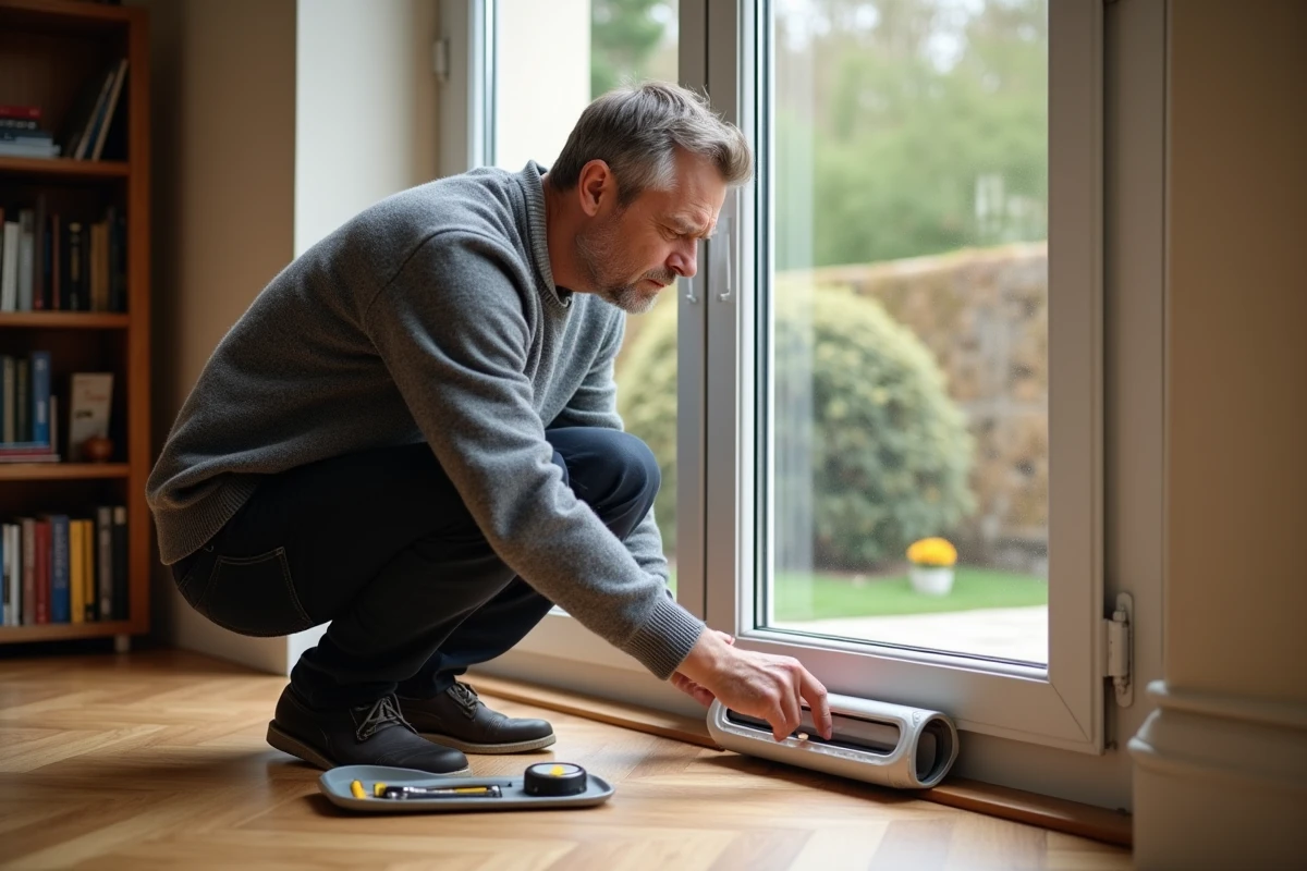 Homme inspectant et réglant l'étanchéité d'une chatière amovible sur une porte-fenêtre pour réduire les pertes de chaleur et la facture de chauffage