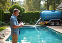 Coût de remplissage d’une piscine : tarifs et estimations 2025 Homme vérifiant le prix d'eau près de sa piscine extérieure