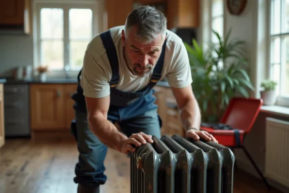 Homme en salopette soulevant un radiateur en bois clair