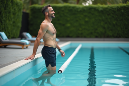 Homme souriant en maillot de bain au bord de la piscine