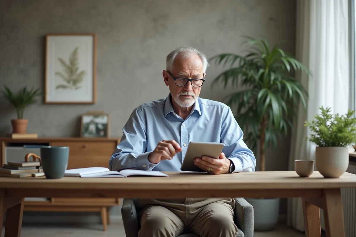 Homme d age travaillant sur une tablette dans un bureau moderne