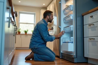 Homme d'âge moyen inspectant un frigo ouvert dans la cuisine
