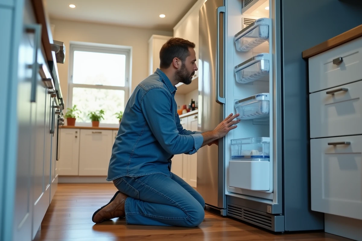 Homme d'âge moyen inspectant un frigo ouvert dans la cuisine