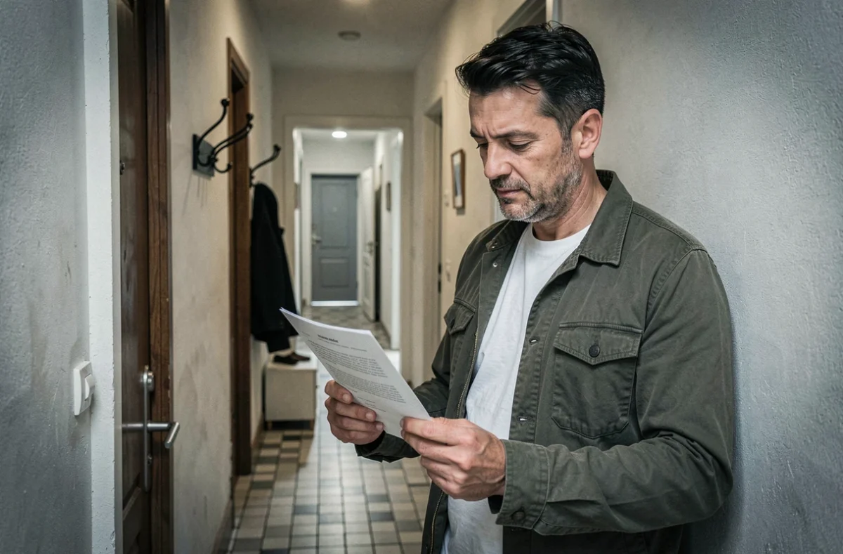 Homme vérifiant une lettre d'assurance habitation à l'entrée d'un appartement T2 urbain