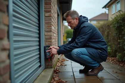 Homme d'âge moyen examine un volet électrique défectueux après orage